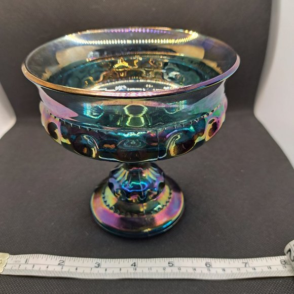 Vintage Carnival Glass Kings Crown Thumbprint Blue Iridescent Indiana Compote - Picture 2 of 11